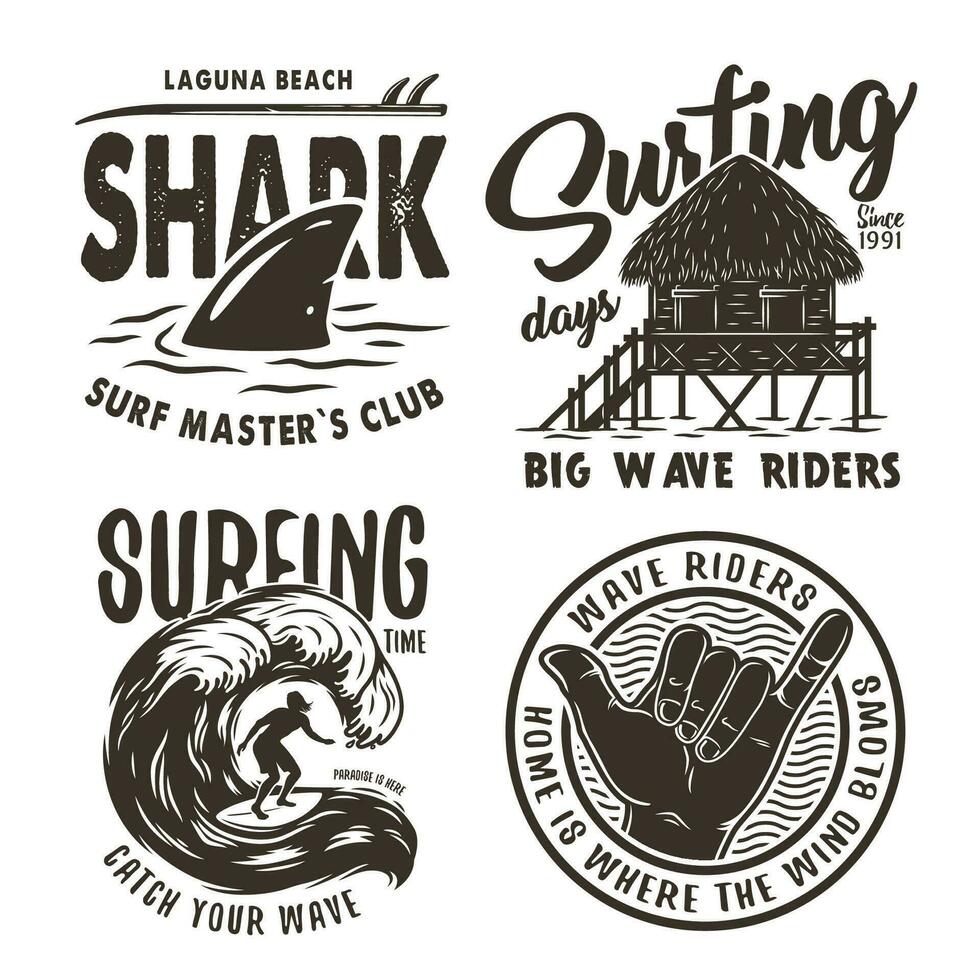 Surfing print bungalow shark hand surfer wave vector