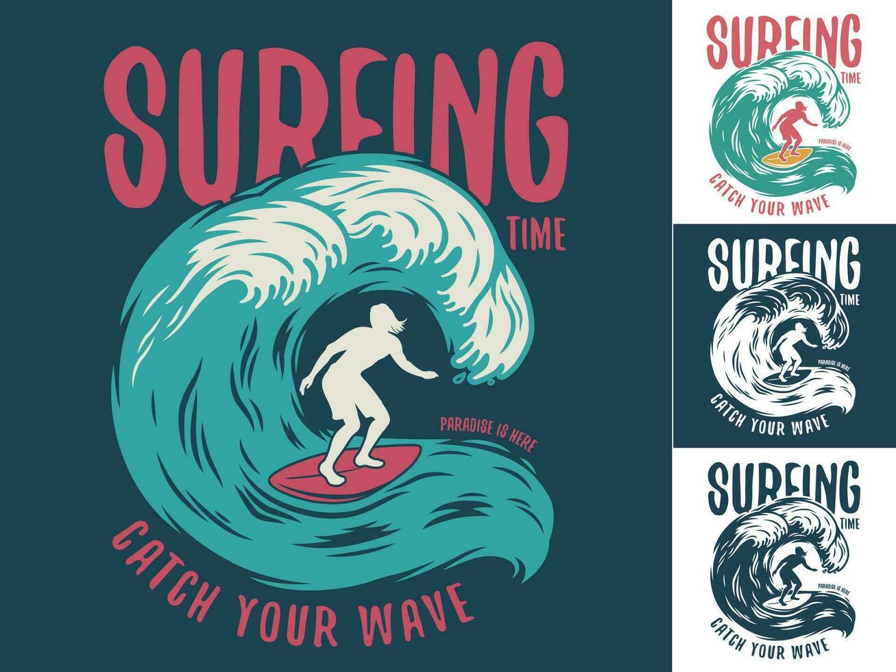 Print set of silhouette man on wave, surfing board vector