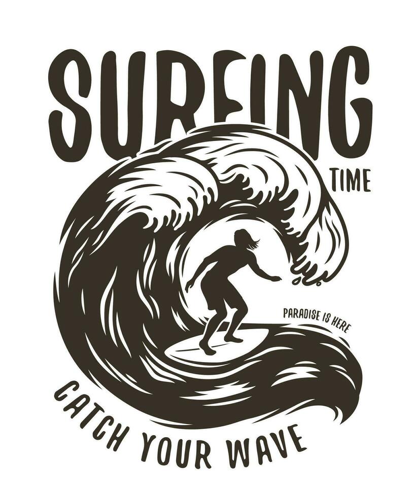 Silhouette of a man on wave on surfing board vector