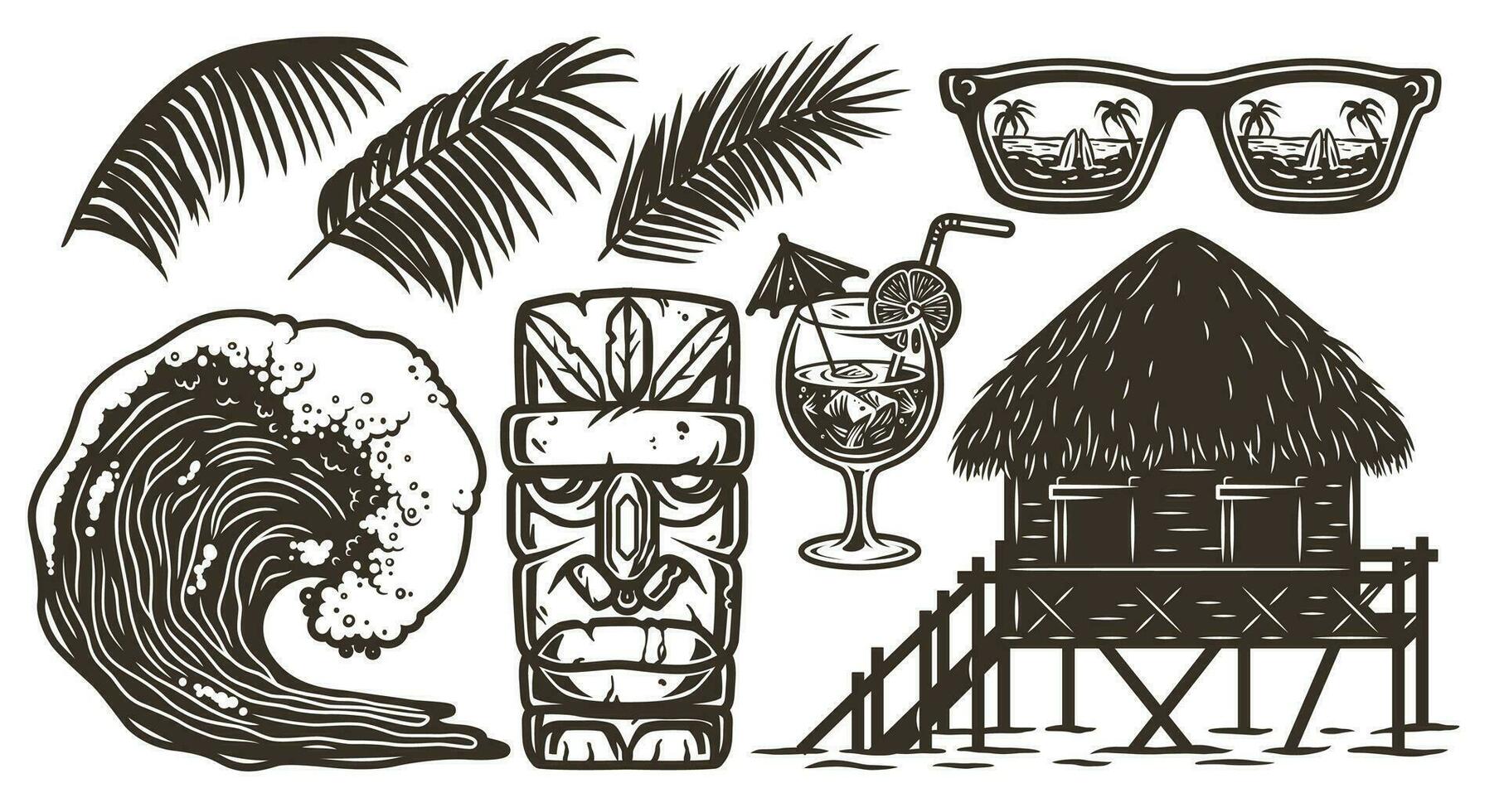 Set of surfing element bungalow palm cocktail wave vector