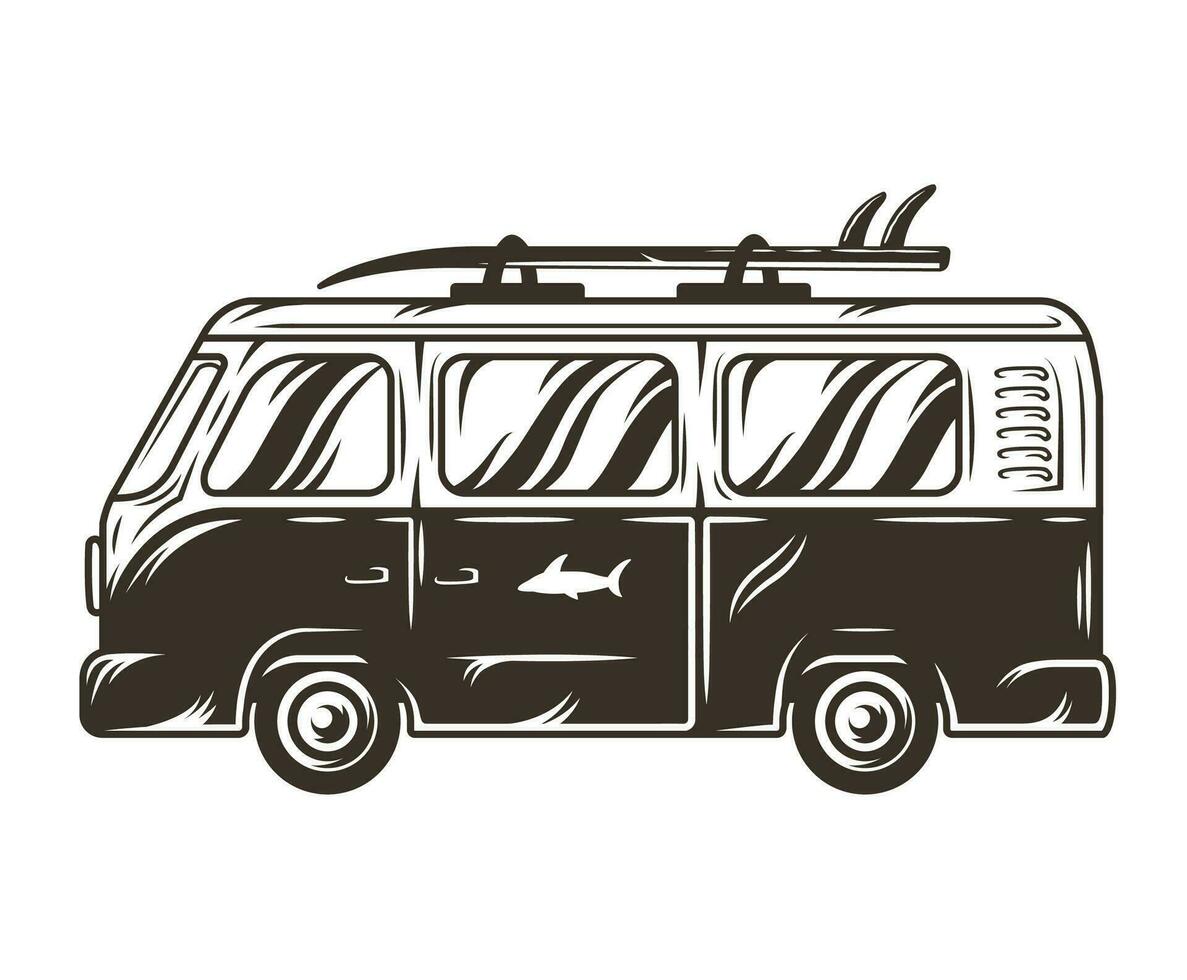 Car old travel adventure bus with surfing board vector