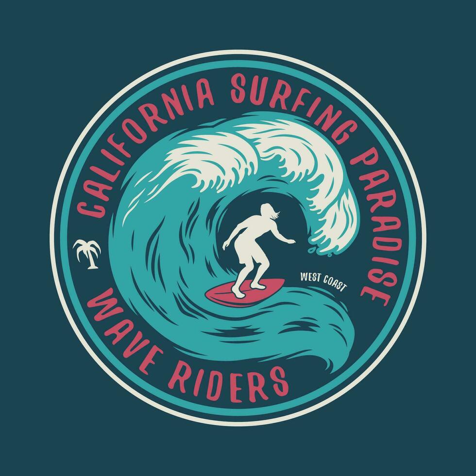 Silhouette of a man on wave on surfing board vector
