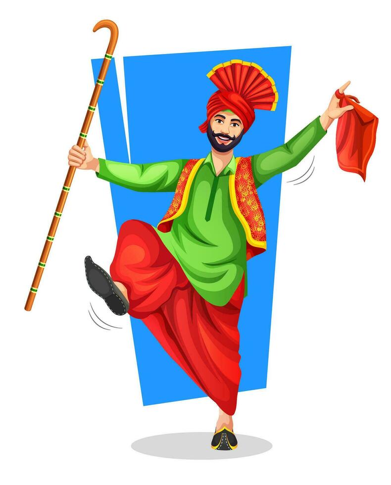 un punjabi bhangra bailarín con bhangra accesorios khunda o daang ejecutando un gente danza paso con mano gestos vector