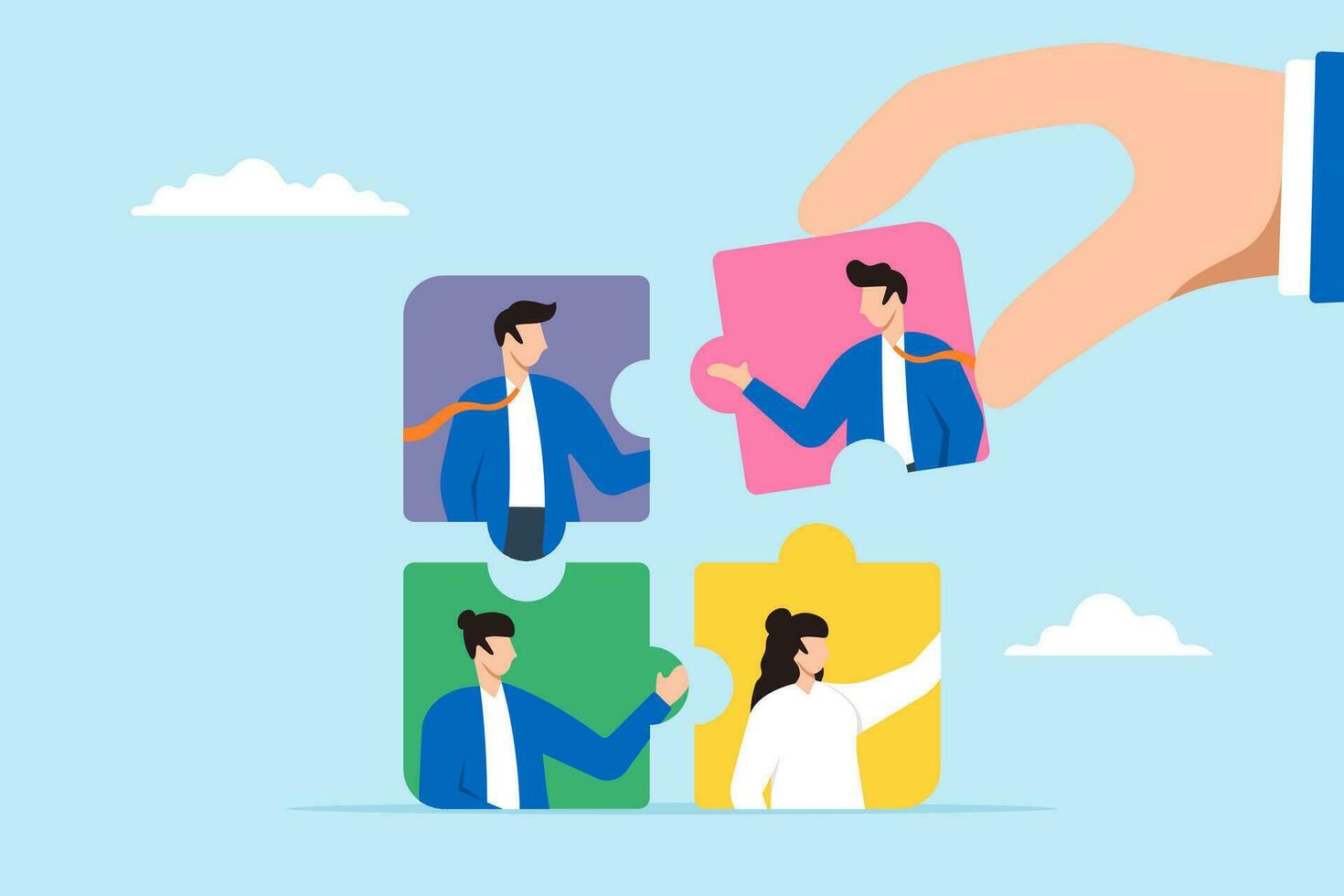 HR businessman hand put new hire to connect jigsaw puzzle in flat design vector