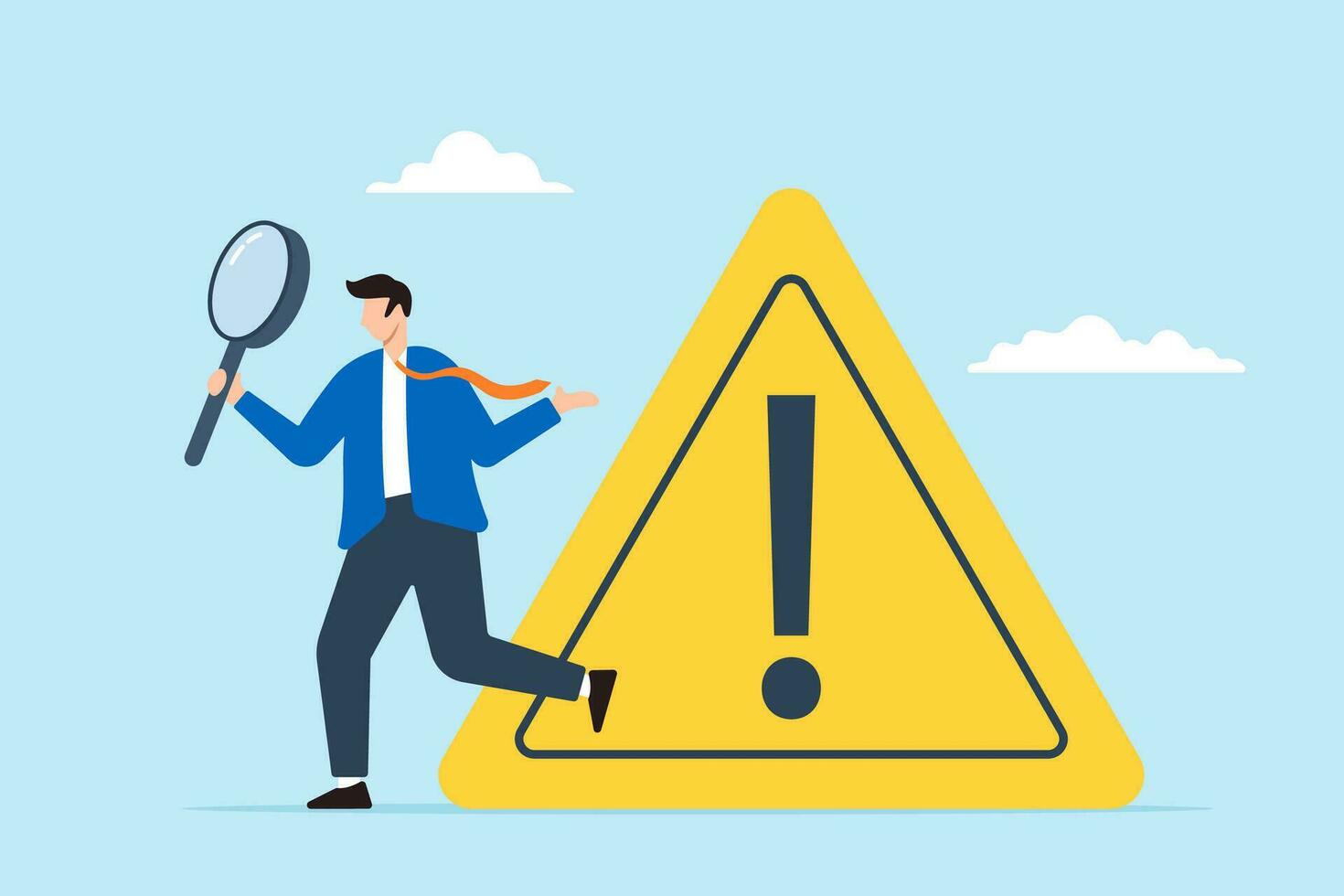 Businessman investigate incident with magnifier and exclamation sign vector