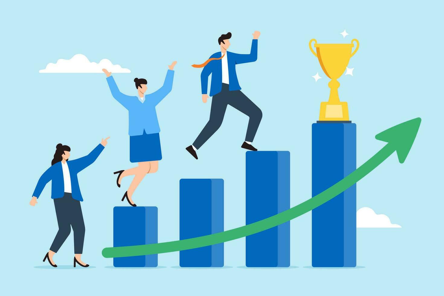 Business people running on growth graph to get award trophy vector