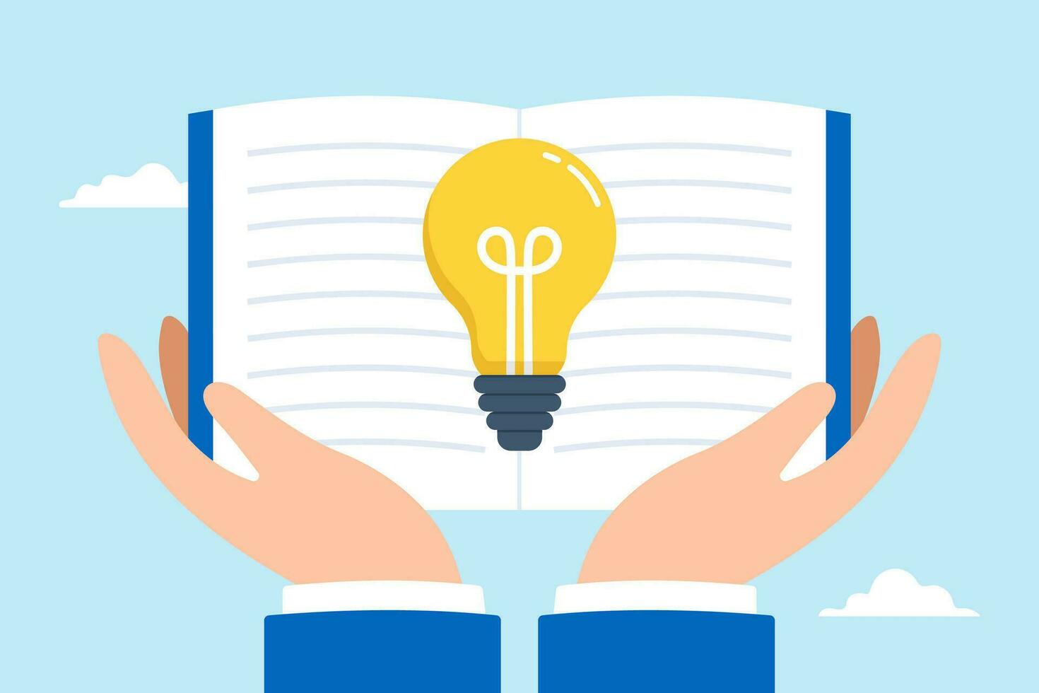 Big hand holds open book to discovering lightbulb idea vector