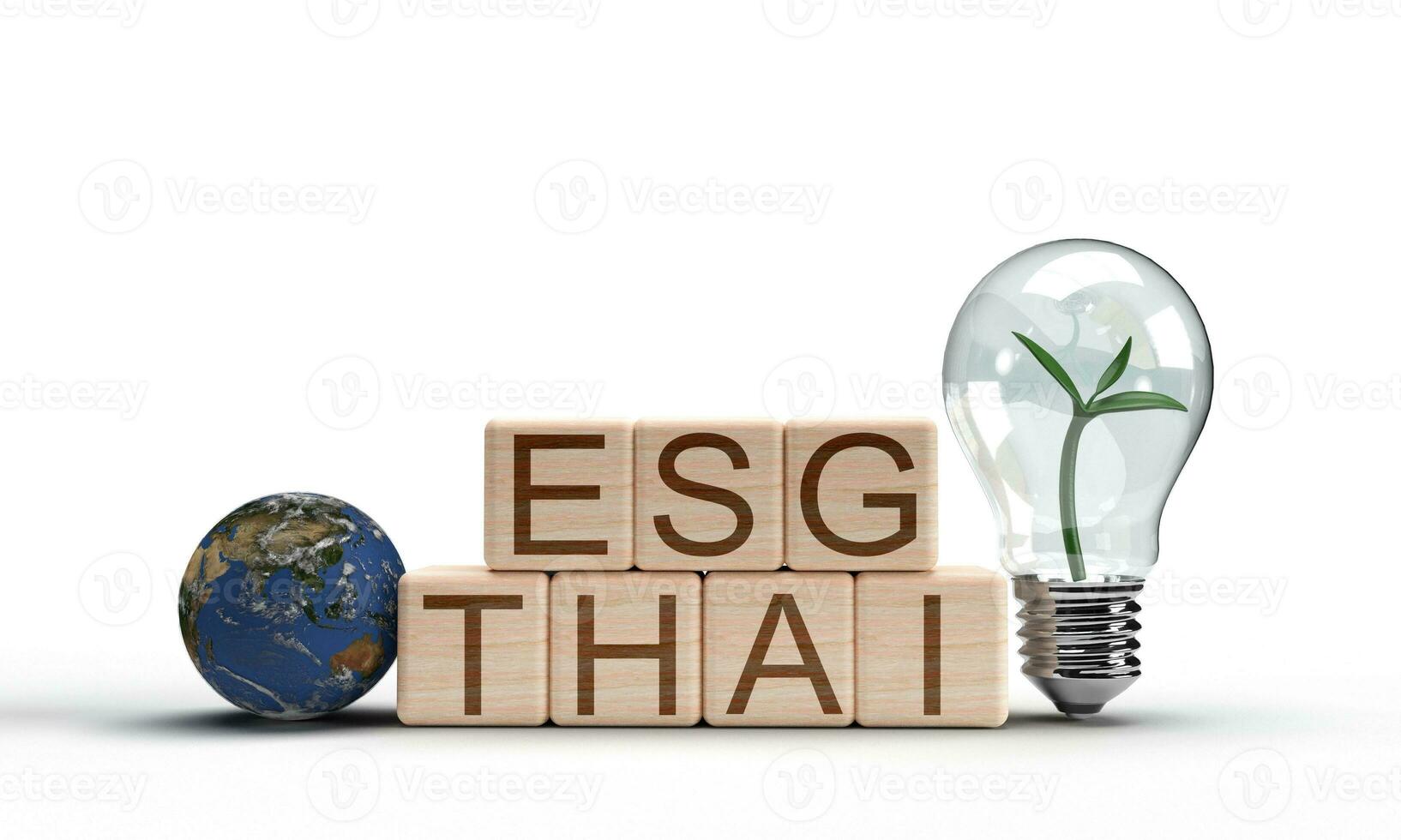 Earth planet world circle round map lamp lightbulb plant leaf tree wooden square block Thai ESG symbol decoration ornament Thai esg business fund loan wealth asian nature corporate growth technology photo