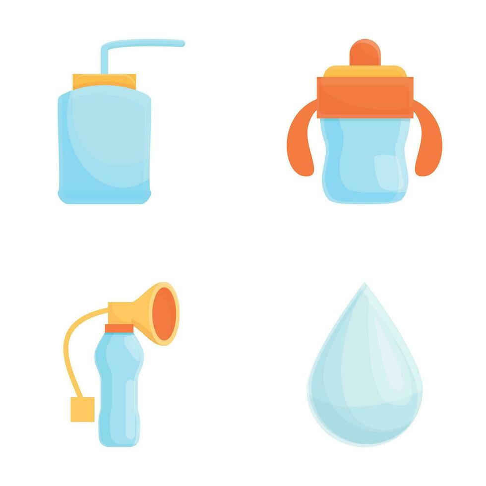 Breastfeeding device icons set cartoon vector. Manual breast pump vector