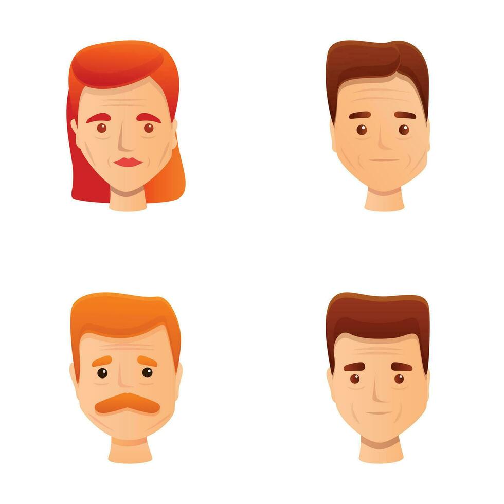 personas retrato íconos conjunto dibujos animados vector. hombres y mujer cara de diferente años vector