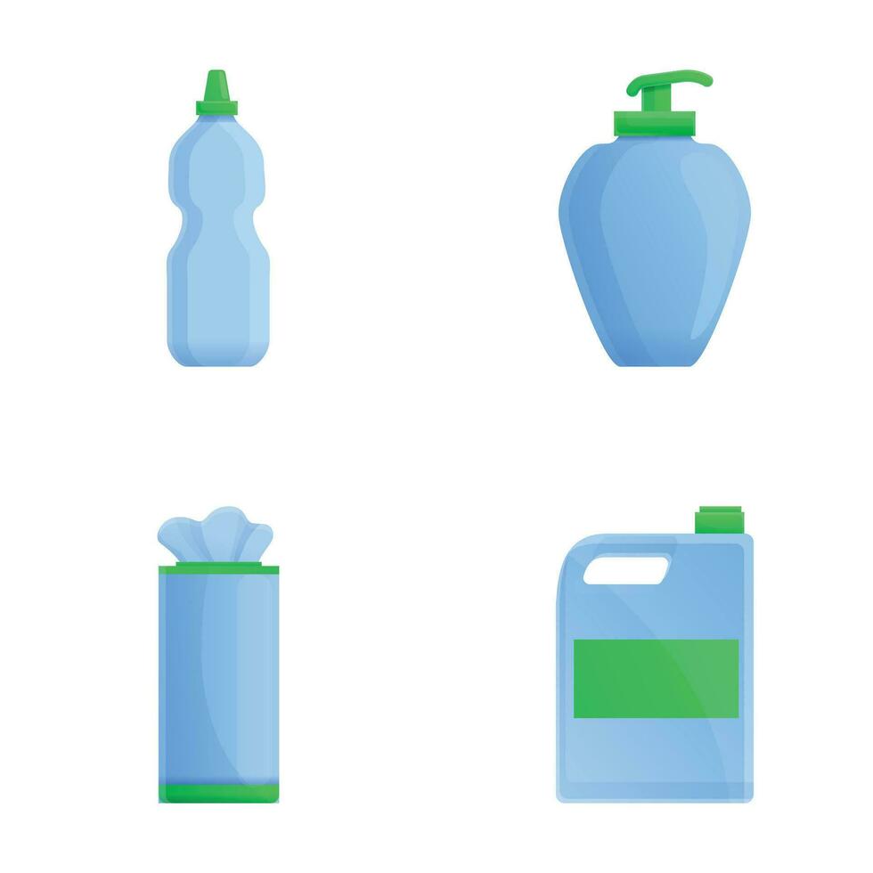 Cleaning product icons set cartoon vector. Various detergent packaging vector