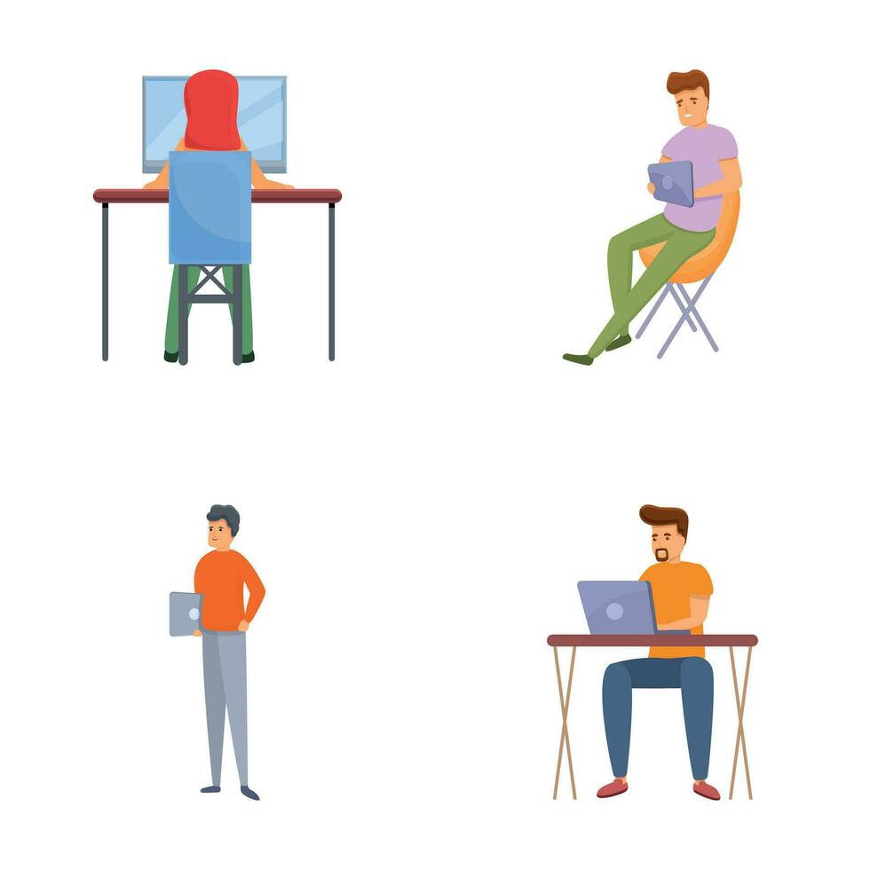 Remote working icons set cartoon vector. Freelancer character working from home vector