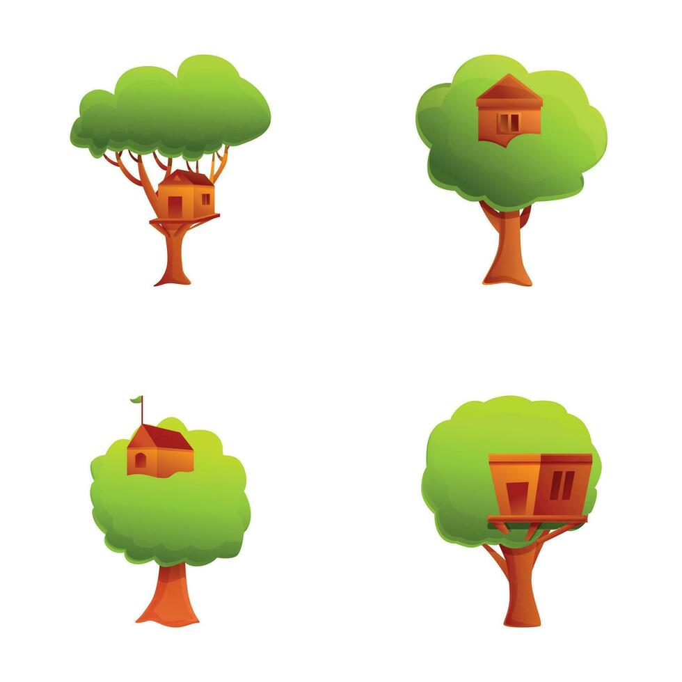 árbol casa íconos conjunto dibujos animados vector. acogedor edificio en madera rama en jardín vector