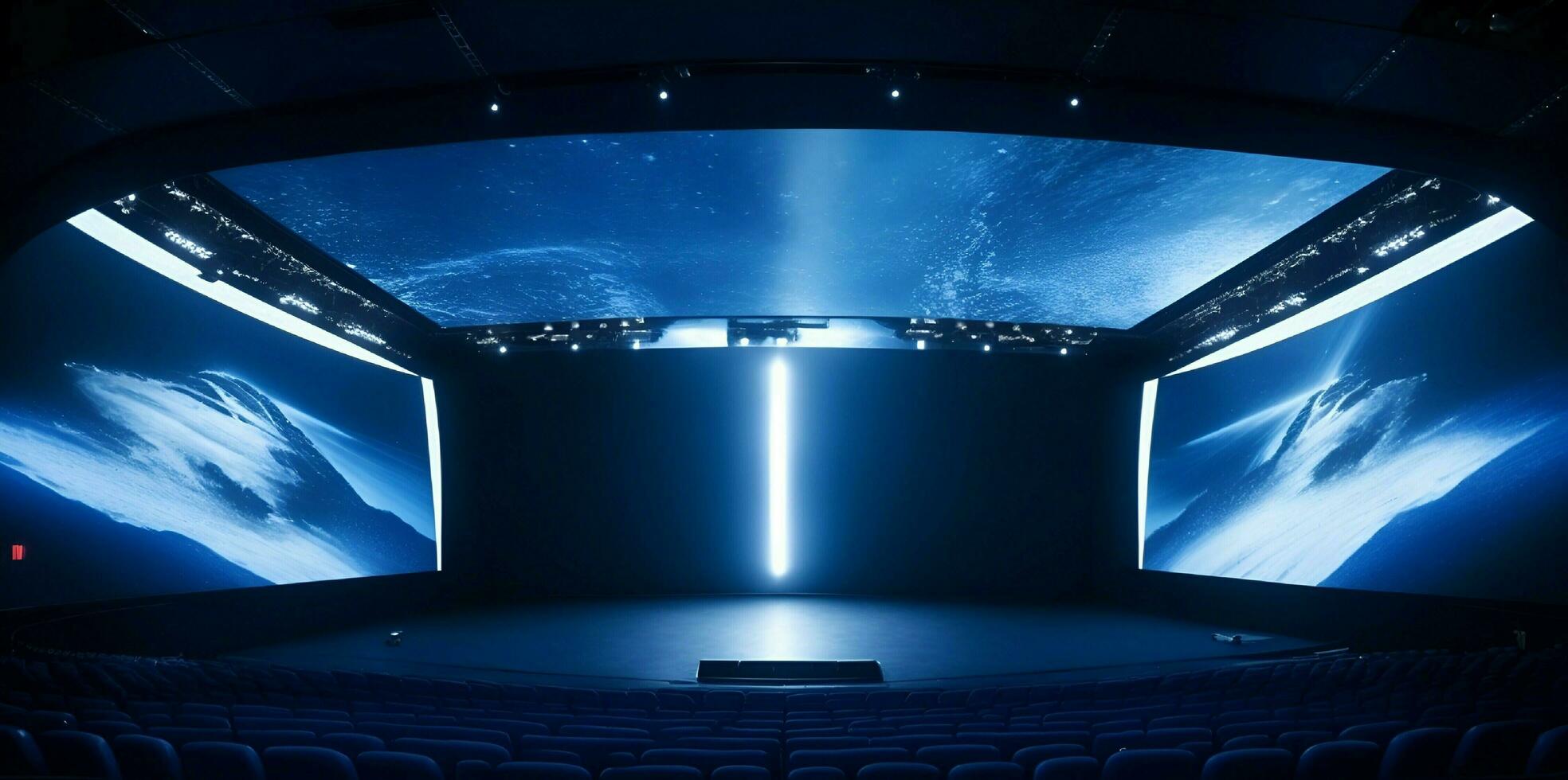 AI generated No people or Empty cinema hall with big blank screen and auditorium Hd.Hall Mockup. photo