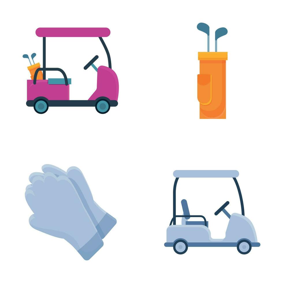 Golf equipment icons set cartoon vector. Golf cart, bag and pair of glove vector
