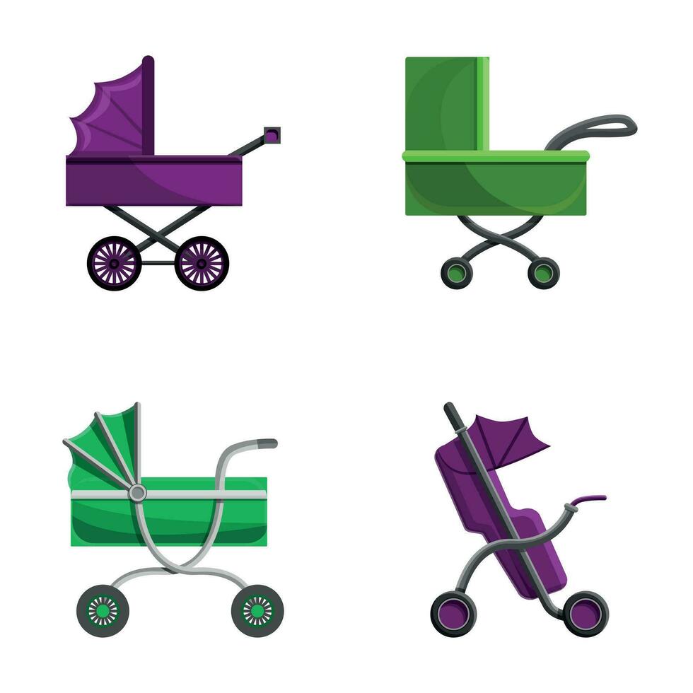 Baby pram icons set cartoon vector. Colorful baby carriage vector