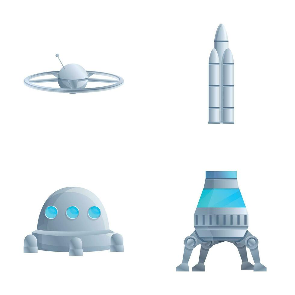 Space transport icons set cartoon vector. Space station ship moon and mars rover vector