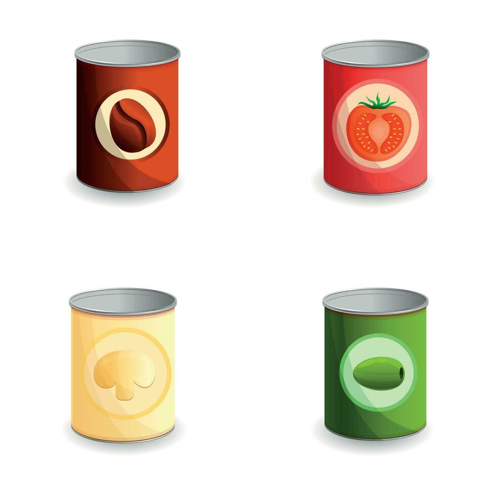 Canned product icons set cartoon vector. Metal can of preserved food vector