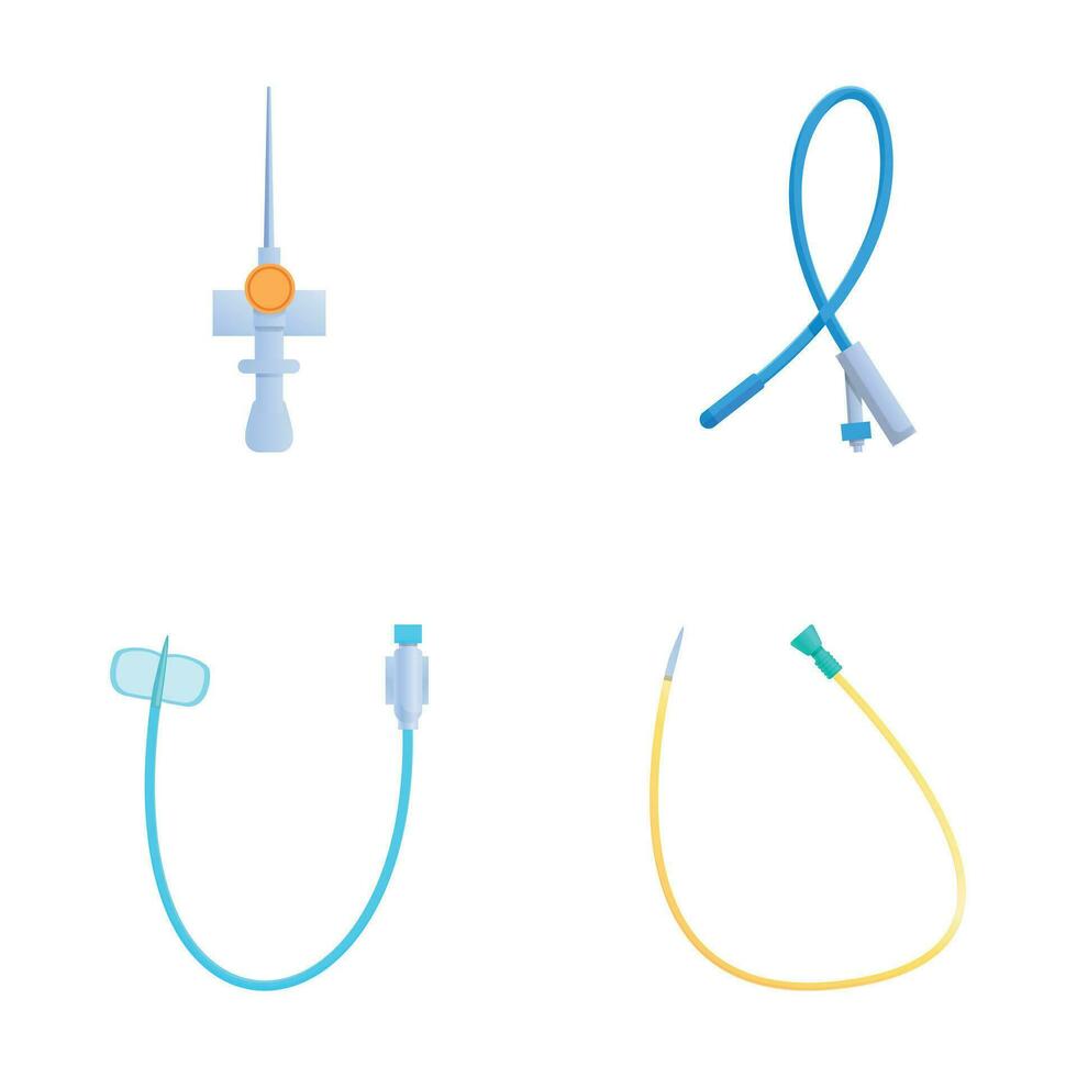 Venous catheter icons set cartoon vector. Intravenous cannula and catheter vector