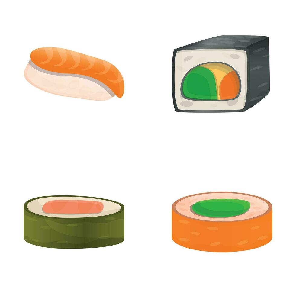 salmón Sushi íconos conjunto dibujos animados vector. Japón asiático comida vector