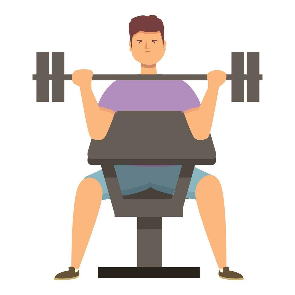 Gym training fat man icon cartoon vector. Barbell bench vector