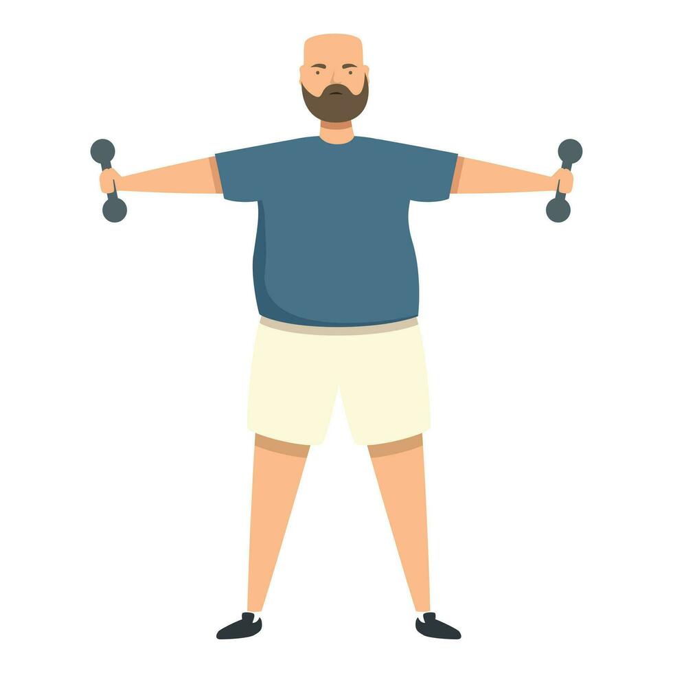 Fat man dumbbell exercise icon cartoon vector. Sport gym vector