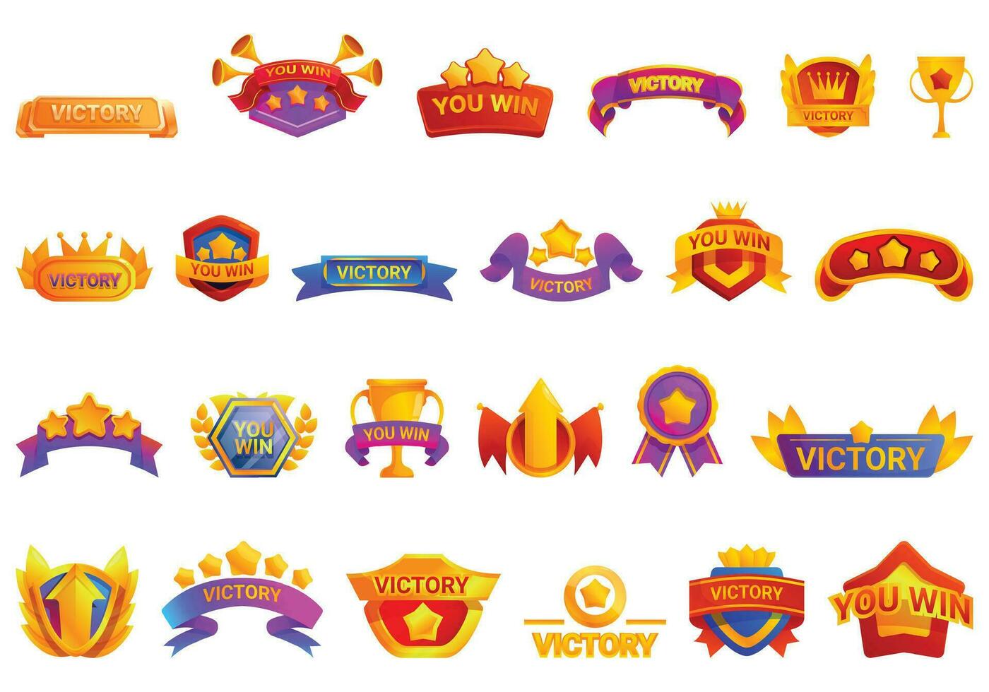 Victory game screen icons set cartoon vector. Star bay vector