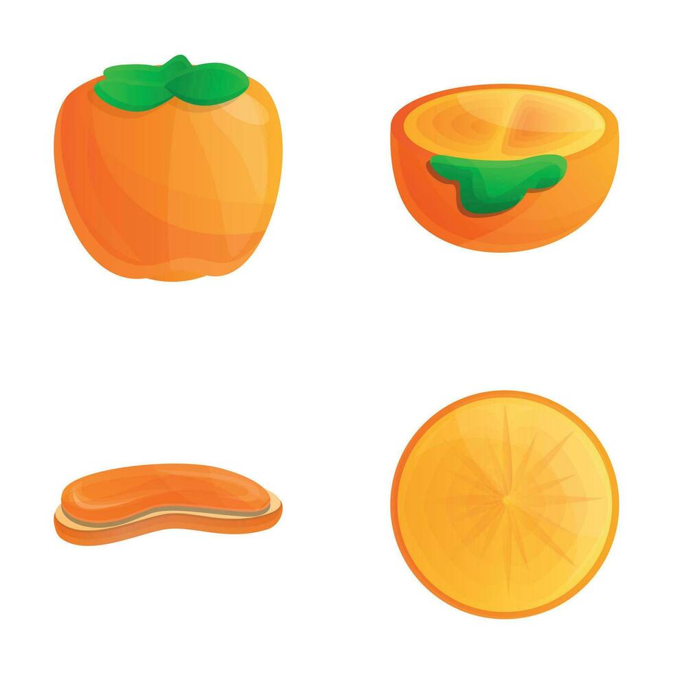 Persimmon jam icons set cartoon vector. Delicious toast with jam and ripe fruit vector
