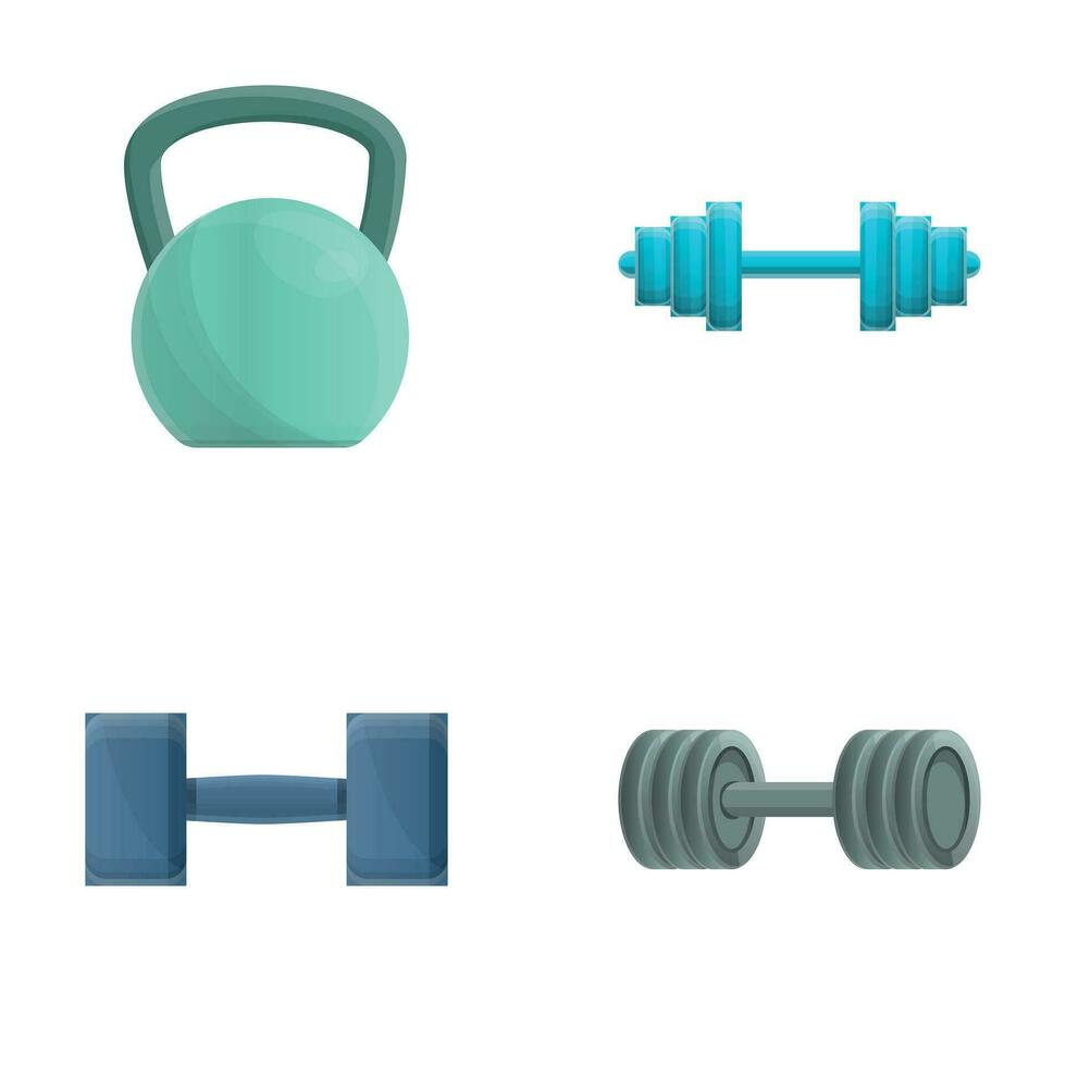 Sport equipment icons set cartoon vector. Metal barbell and dumbbell vector