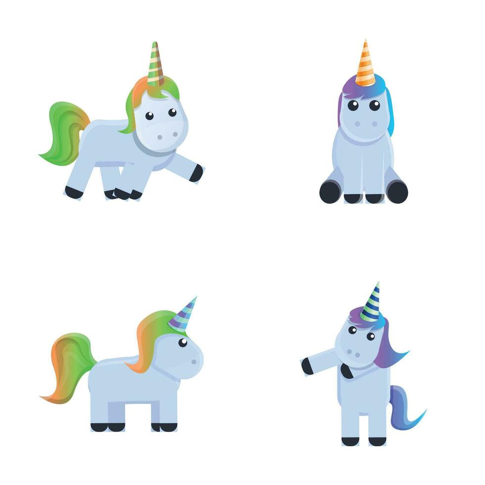 Funny unicorn icons set cartoon vector. Cute small unicorn vector