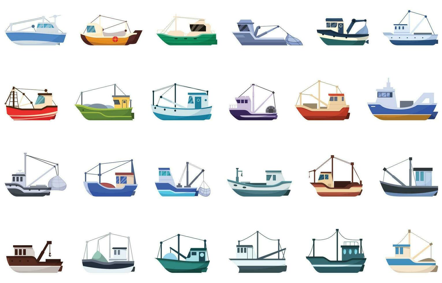 Fisher vessel icons set cartoon vector. Sea water boat vector