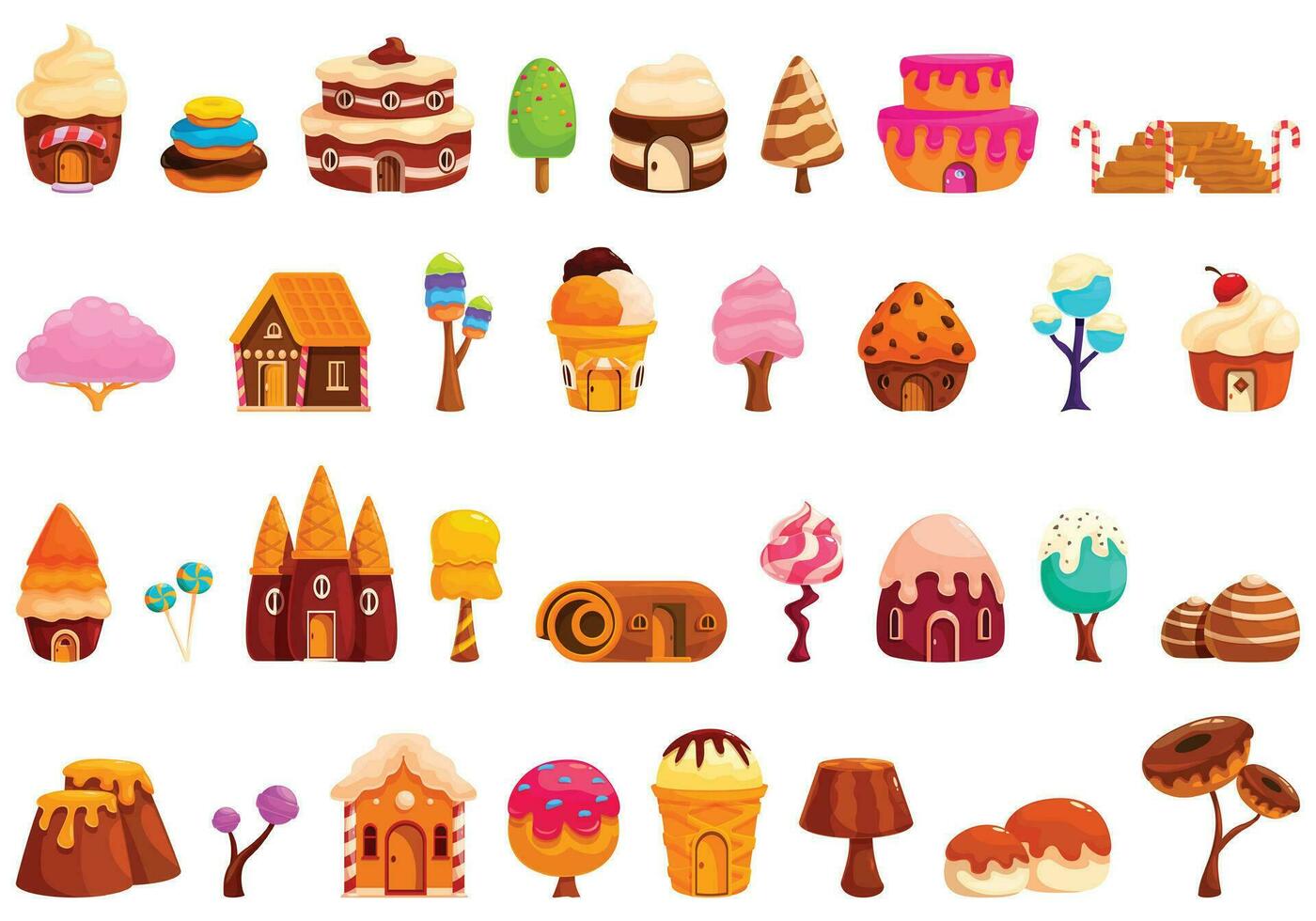 Candy land icons set cartoon vector. Sweet house vector