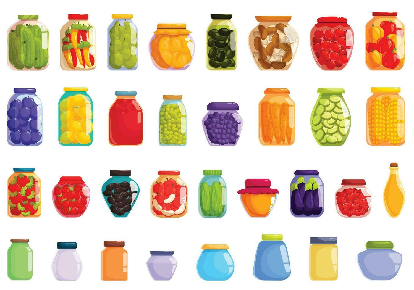 en escabeche comida frascos íconos conjunto dibujos animados vector. producto lata vector