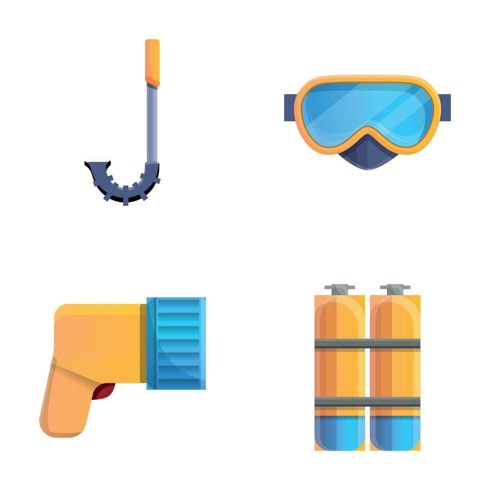 Diver equipment icons set cartoon vector. Scuba diving training vector