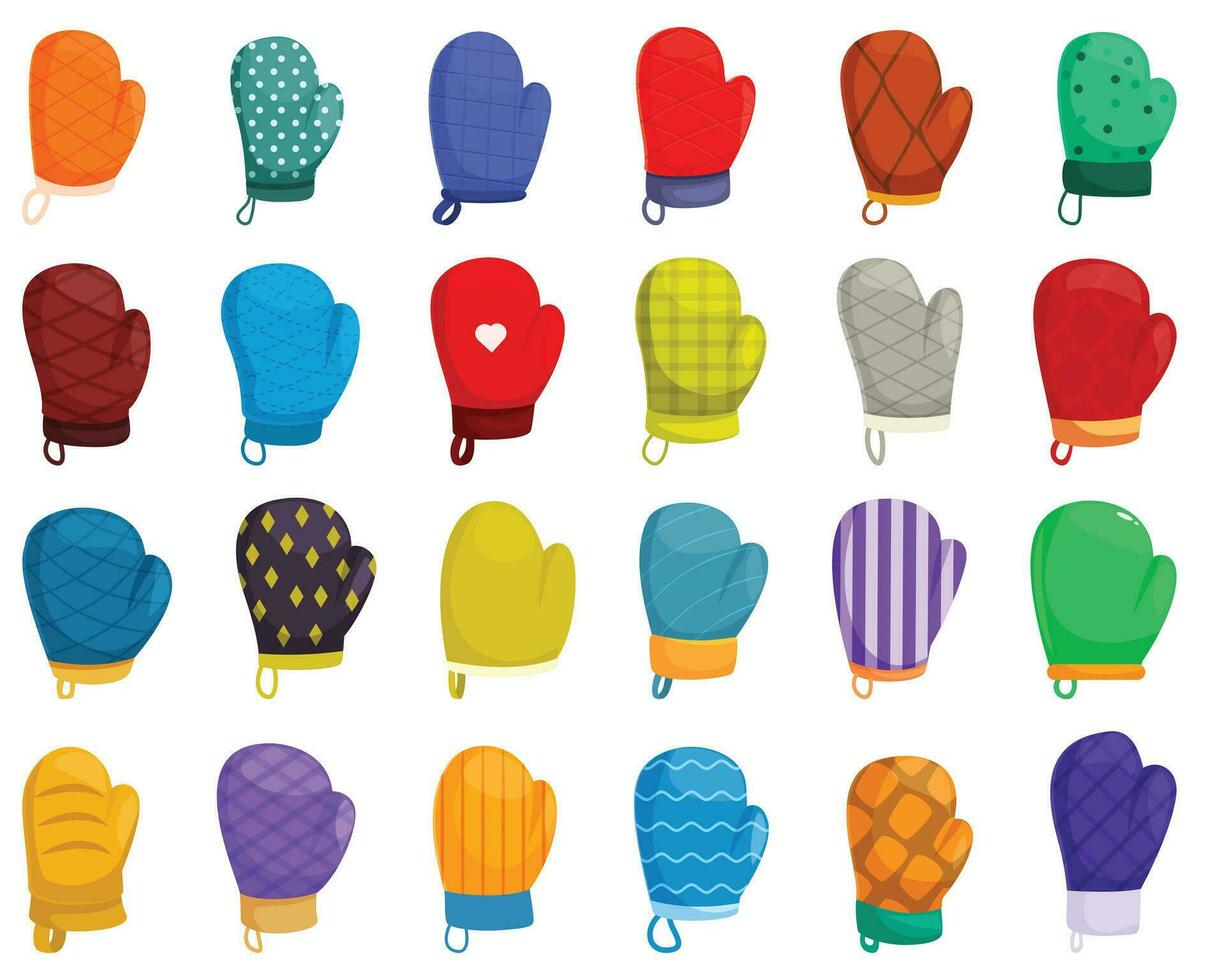 Fireproof kitchen mittens icons set cartoon vector. Oven glove vector