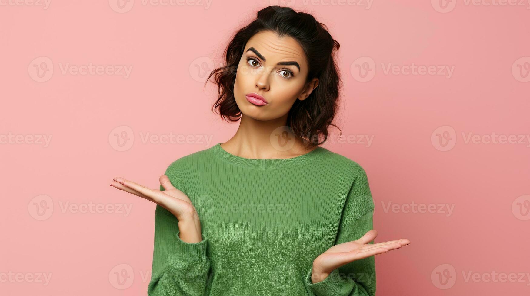 AI generated Unclear Decisions. Puzzled Asian Woman in Green Pullover Shrugs. Seeking Answers. Asian Woman Shows Confusion, Gesturing Unsurely photo