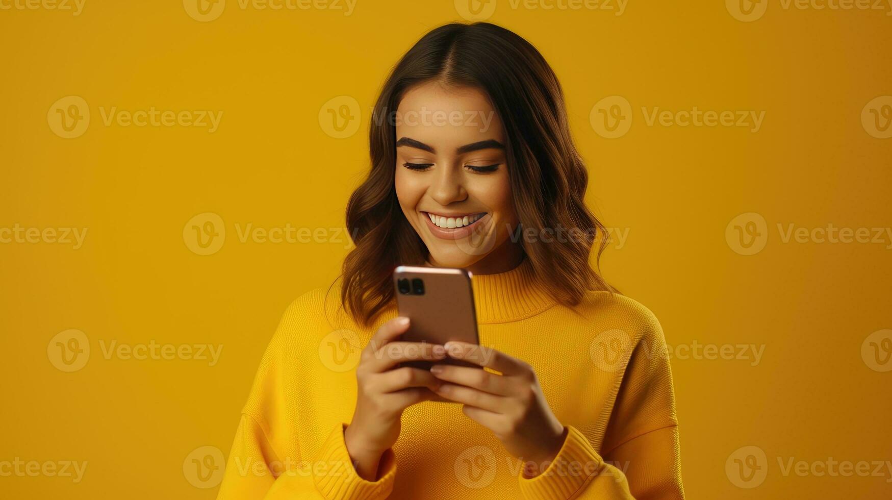 AI generated Effortless Transactions. Women Enjoying Online Shopping, Using Mobile and Banking Card. Smiling Happily, Casual Attire, Vibrant Yellow Background - Easy Digital Payments photo