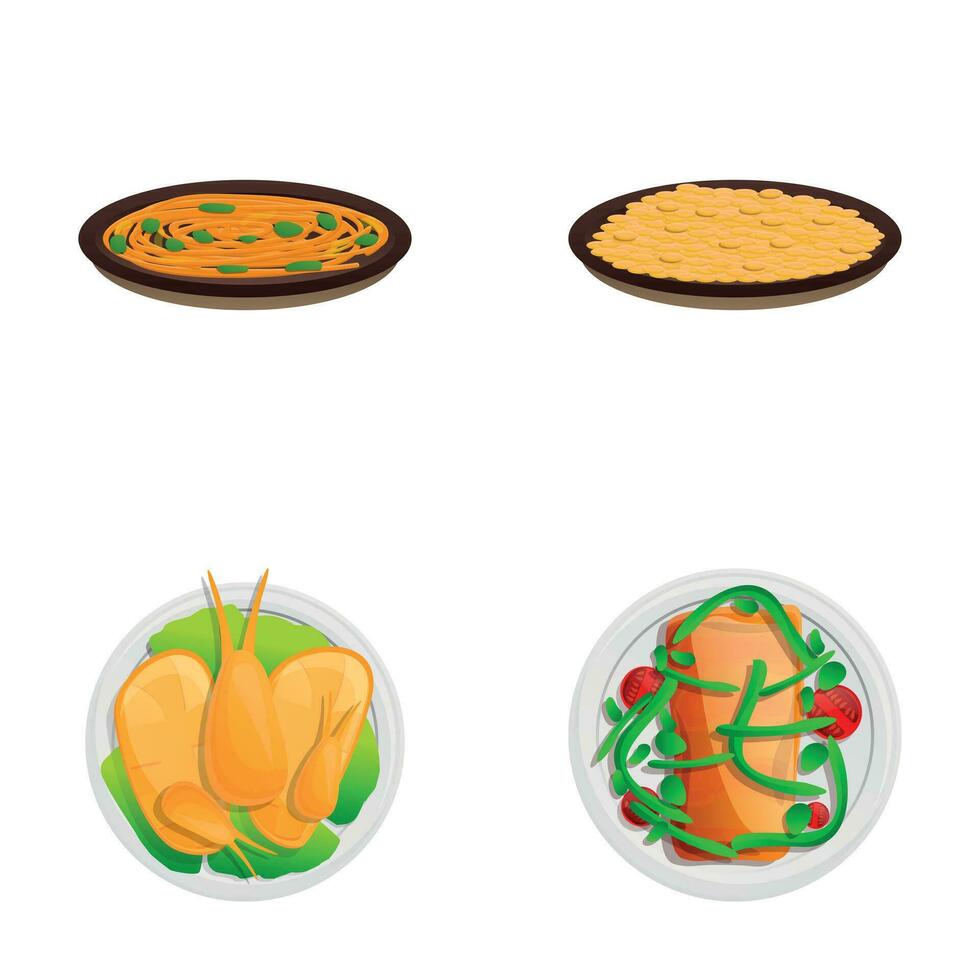 Lunch icons set cartoon vector. Various dish for lunch vector