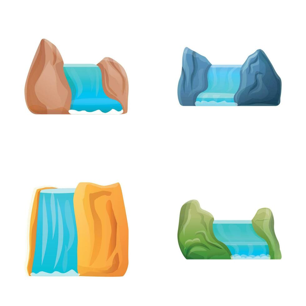 Various waterfall icons set cartoon vector. Natural falling water stream vector
