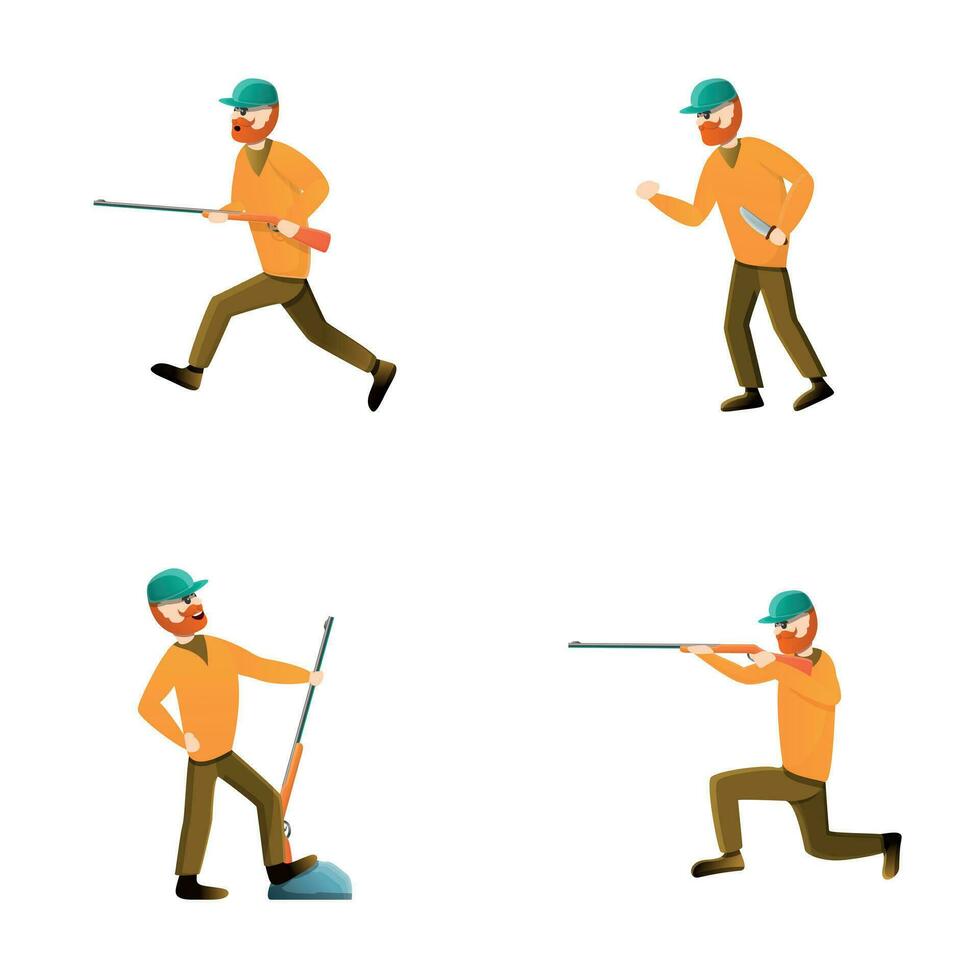 Hunting season icons set cartoon vector. Hunter character with rifle and knife vector