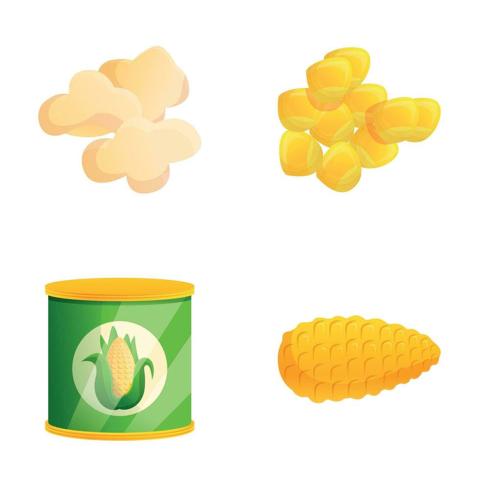 Canned corn icons set cartoon vector. Corn cob and canned product vector
