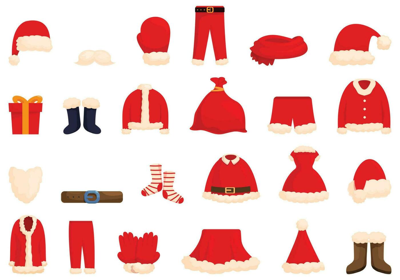 Claus dress suit icons set cartoon vector. Santa clothes vector