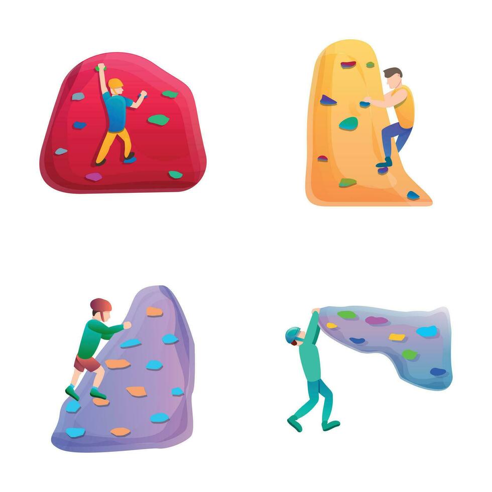 Active sport icons set cartoon vector. Climber moving up an artificial wall vector