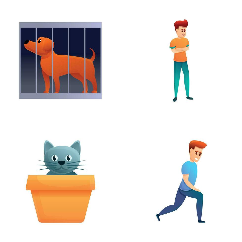Catching animal icons set cartoon vector. Pet catcher man dog and cat animal vector