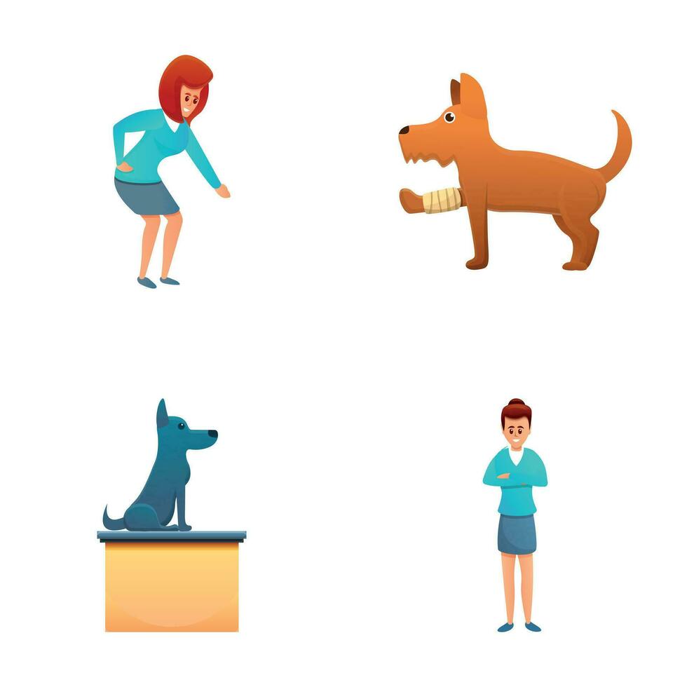 Pet clinic icons set cartoon vector. Medical staff and client with pet vector