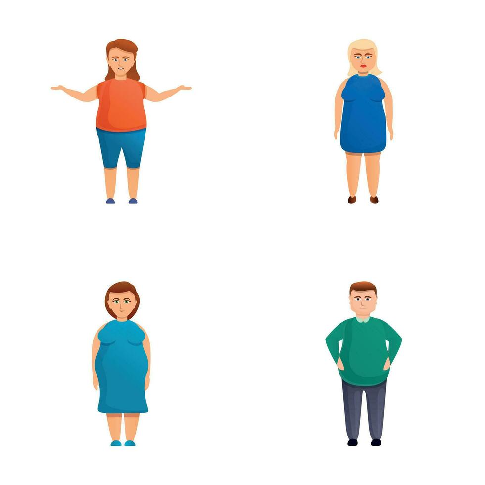 exceso de peso personas íconos conjunto dibujos animados vector. hombre y mujer exceso de peso vector