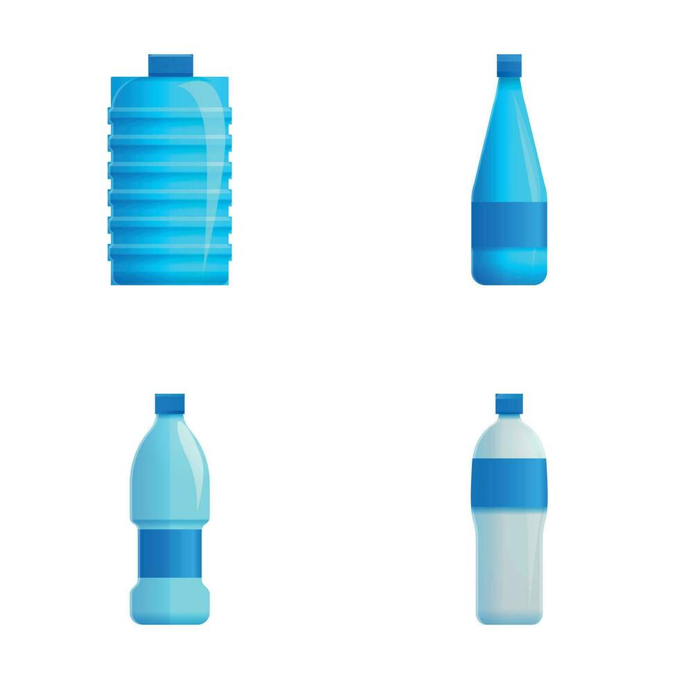 Sparkling water icons set cartoon vector. Water in glass and plastic container vector