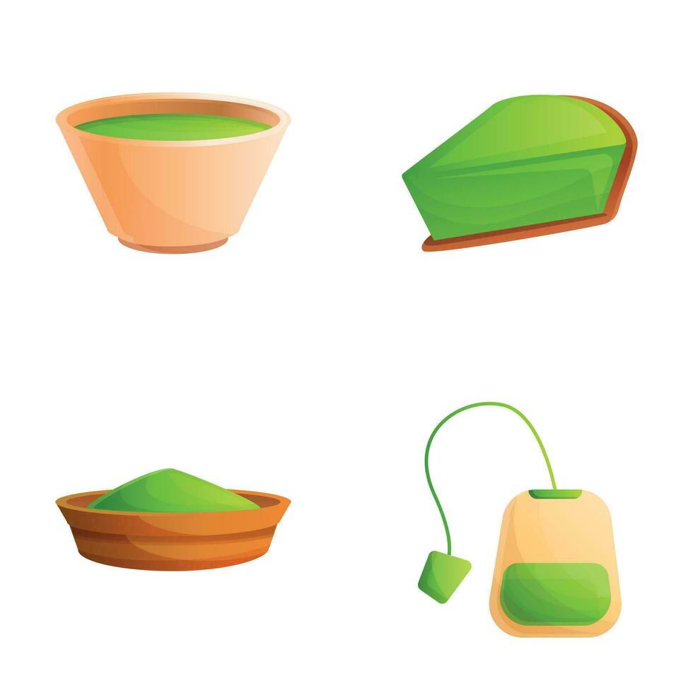 Tea drink icons set cartoon vector. Tea powder and teabag vector