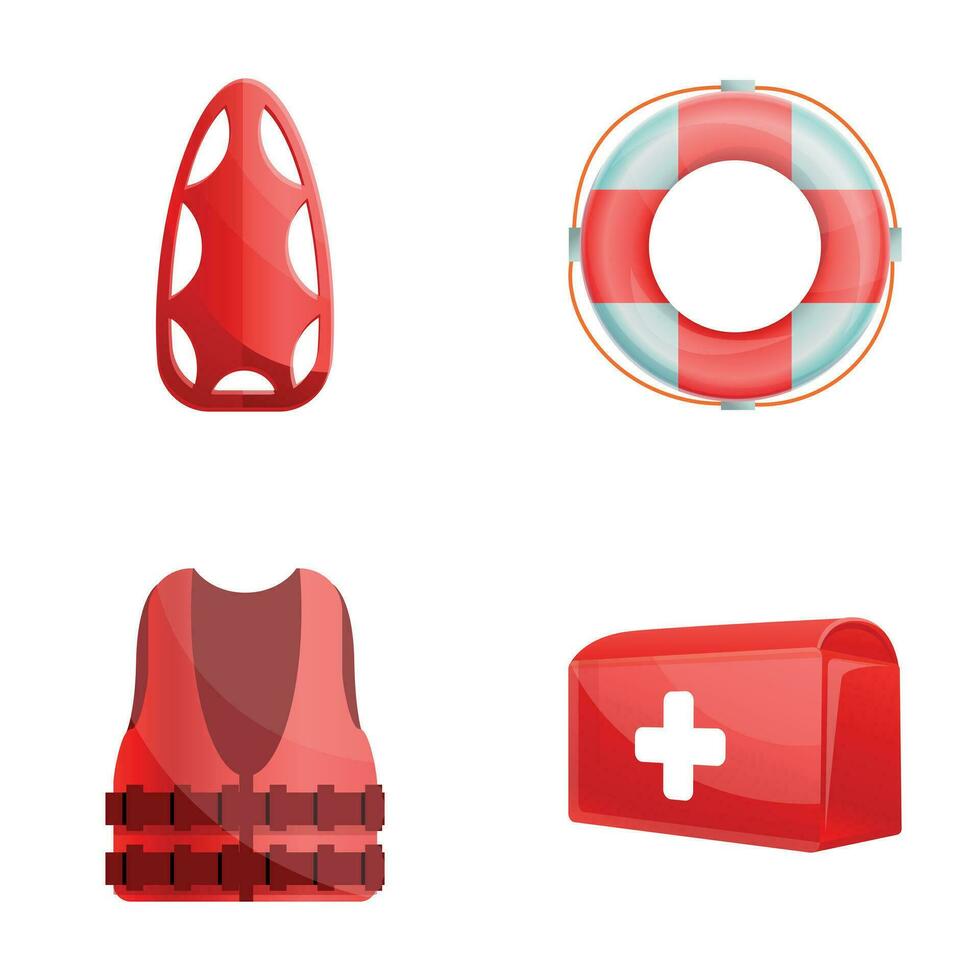 Water safety icons set cartoon vector. Life jacket lifebuoy and first aid kit vector