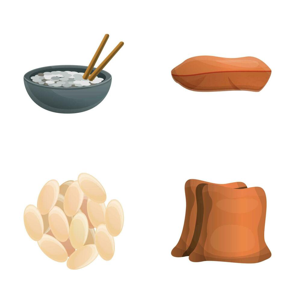 Rice icons set cartoon vector. Rice consumption and storage vector
